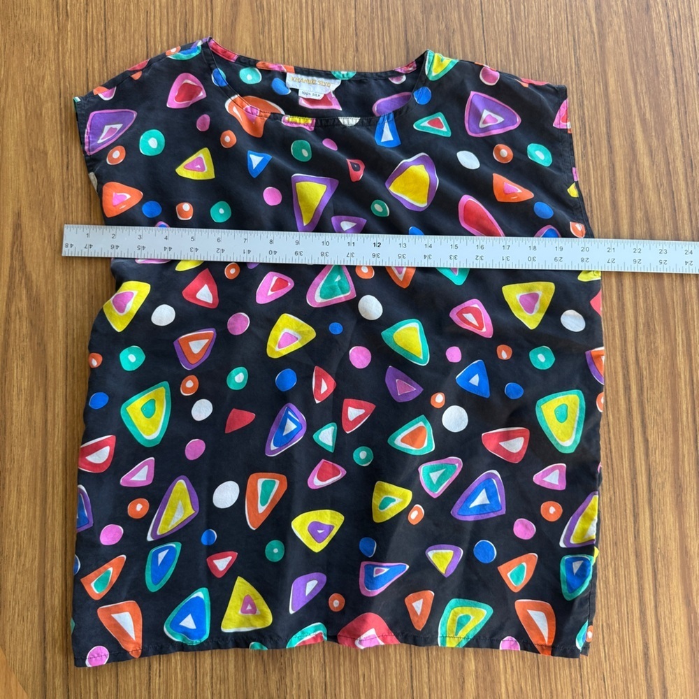 Vintage 1990s Silk Blouse Multicolor Cap Sleeve Oversized Women’s M